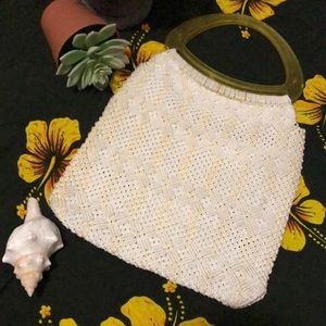 ☀️Vintage Macramé Bag-Beige/Cream-10.5x10-Yellow Lucite Handles☀️